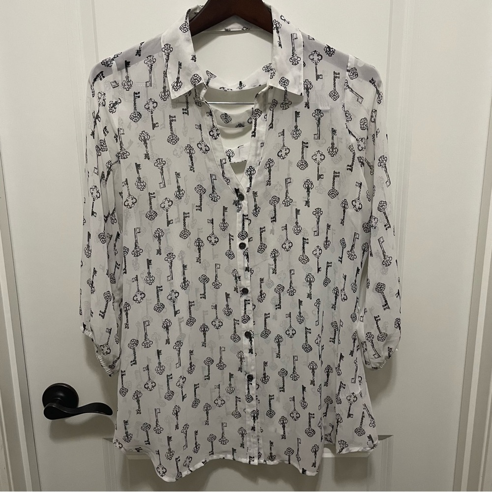 Vanity sheer white with black keys button up blouse ladder back opening sz Large